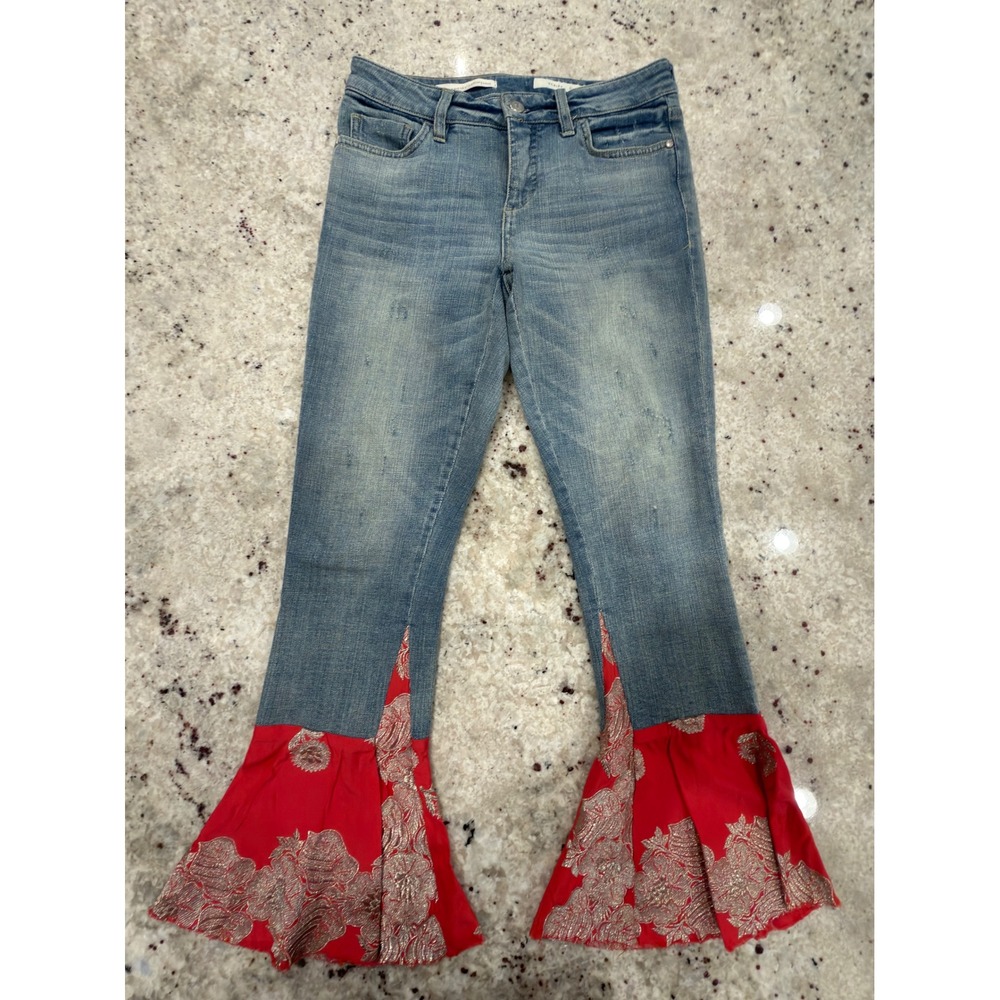 Pilcro Anthropologie Script‎ Jeans Size 26 Flare Red Brocade Hem